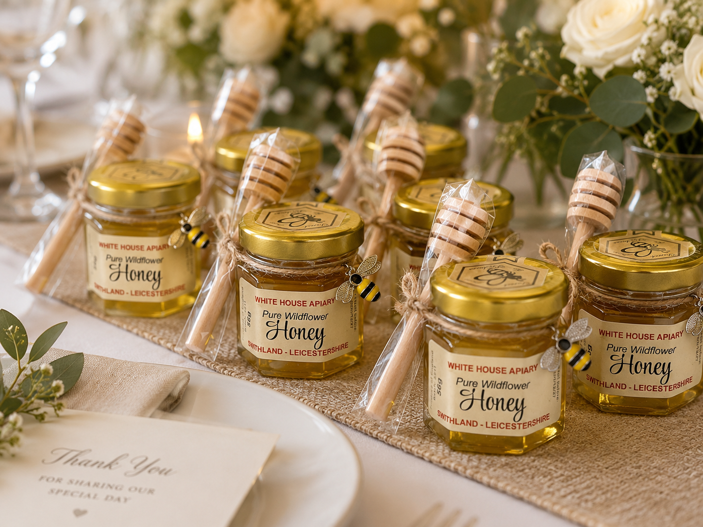 White House Honey miniature jars presented as wedding favours