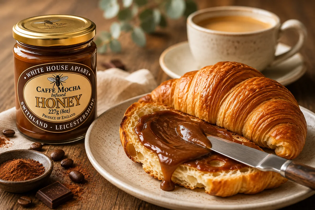 Caffè Mocha soft set honey spread over a warm flaky croissant
