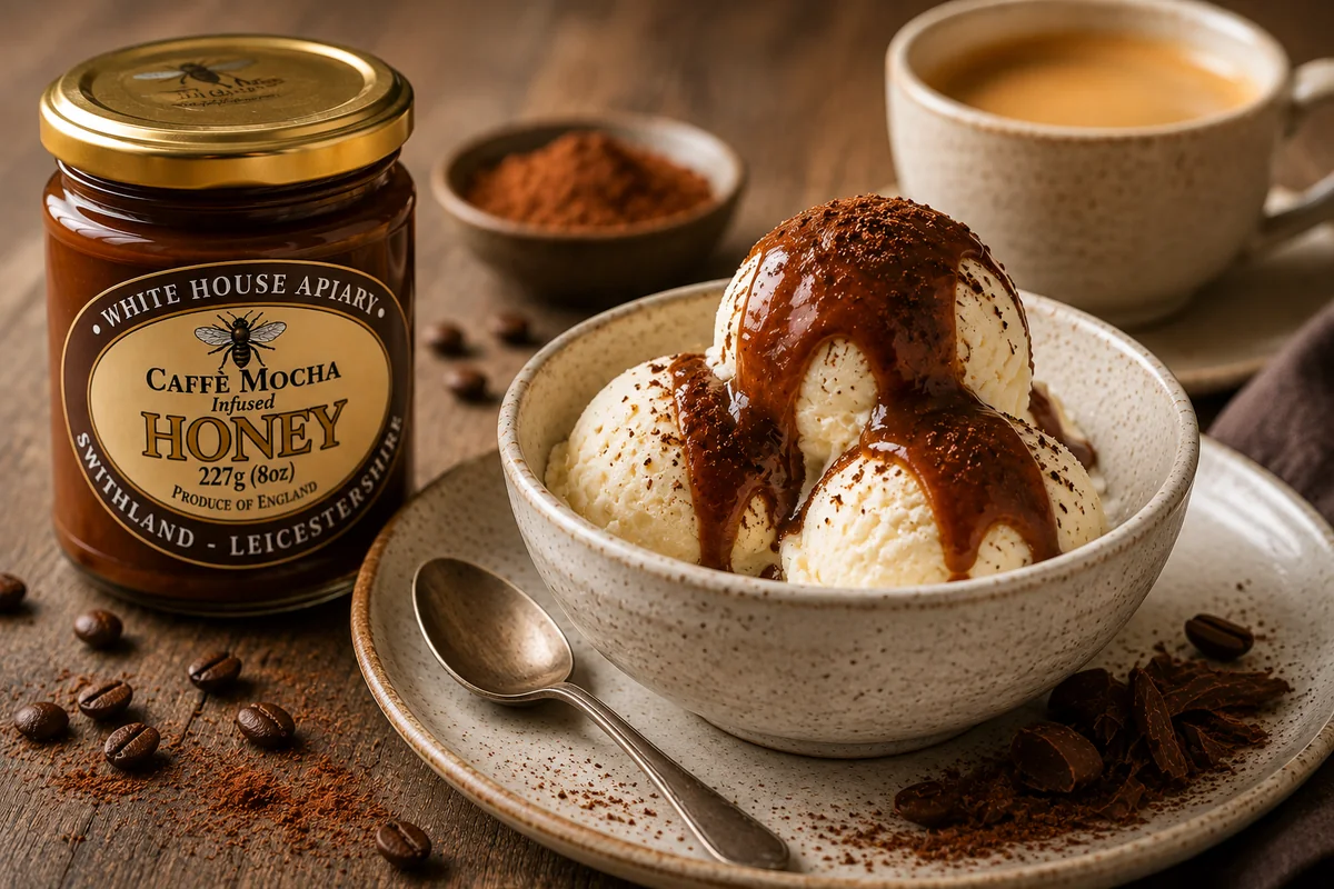 Vanilla ice cream topped with Caffè Mocha infused soft set honey
