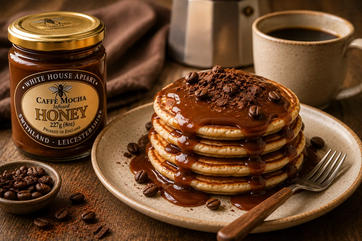 Pancakes topped with Caffè Mocha infused soft set honey beside coffee