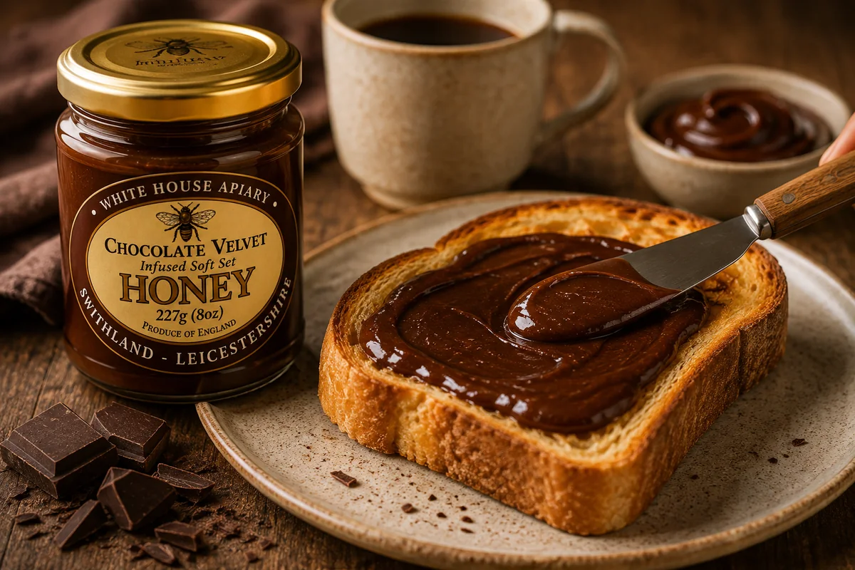 Chocolate Velvet soft set honey spread generously over warm brioche