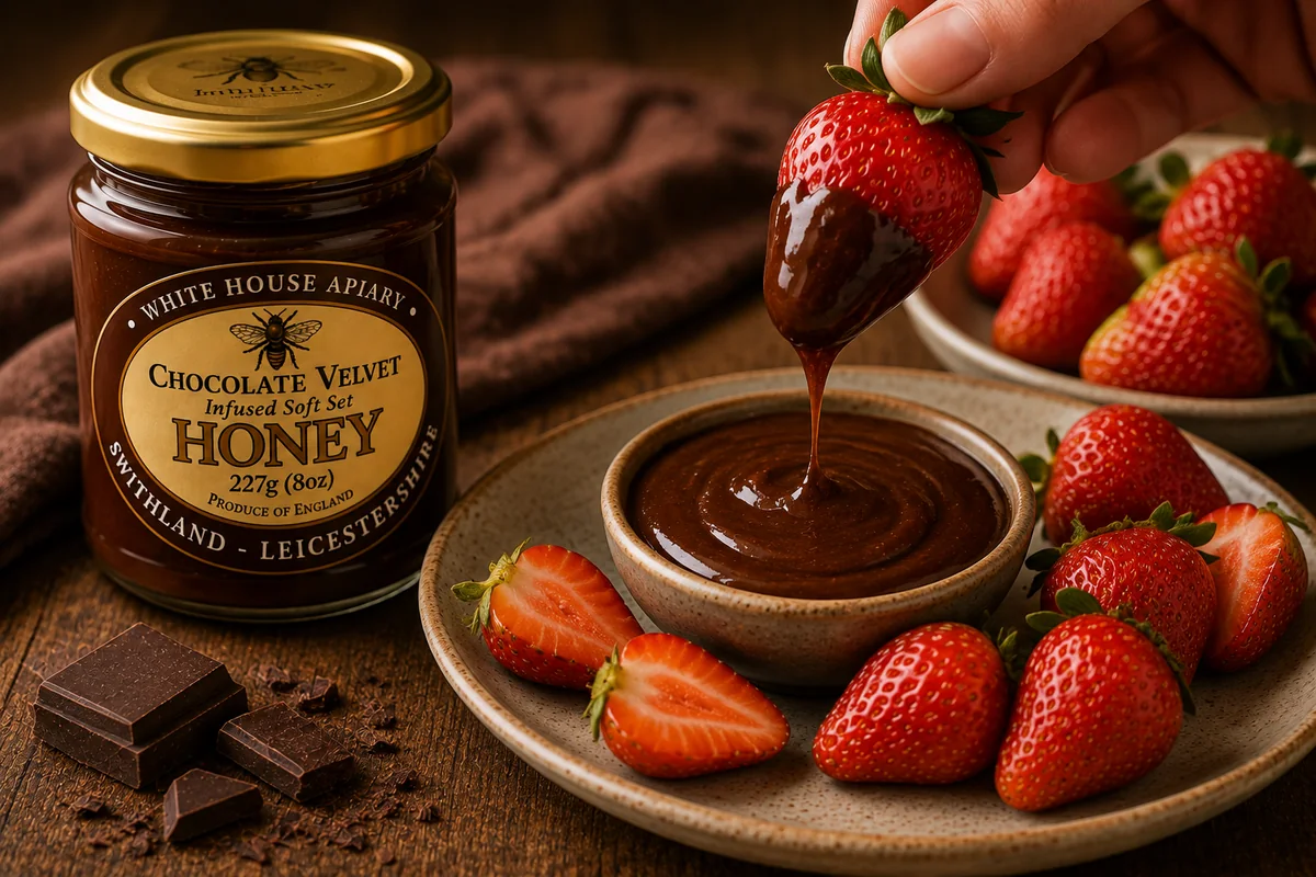 Fresh strawberries dipped into Chocolate Velvet infused soft set honey