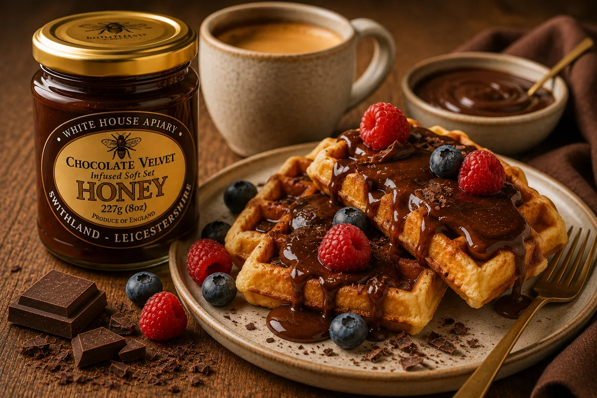 Warm waffles with berries and Chocolate Velvet infused soft set honey