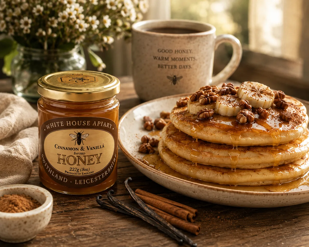 Cinnamon and Vanilla Honey drizzled over pancakes with banana and pecans