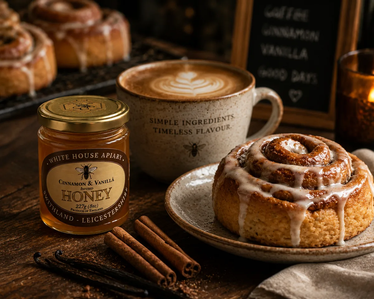 Cinnamon and Vanilla Honey served with a cinnamon bun and coffee