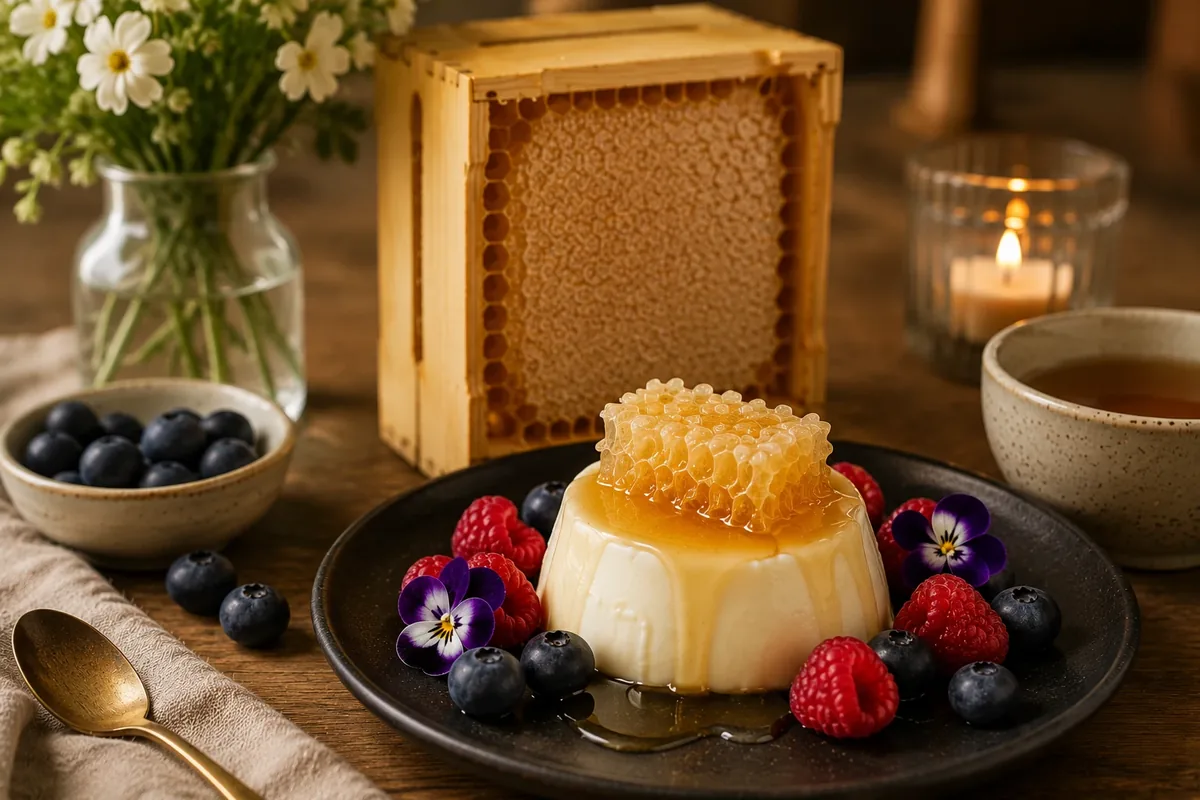 Comb honey served on panna cotta with berries