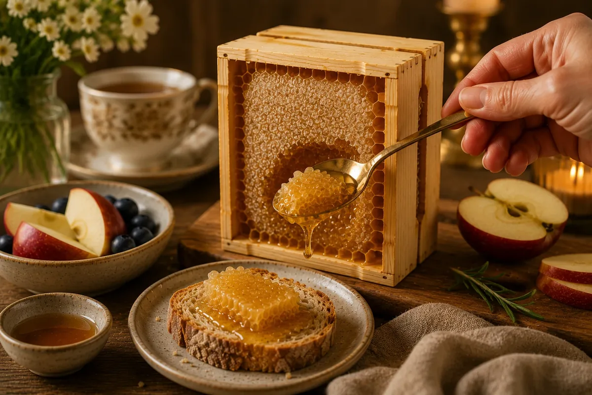 A spoon scooping honey and comb directly from a wooden comb section