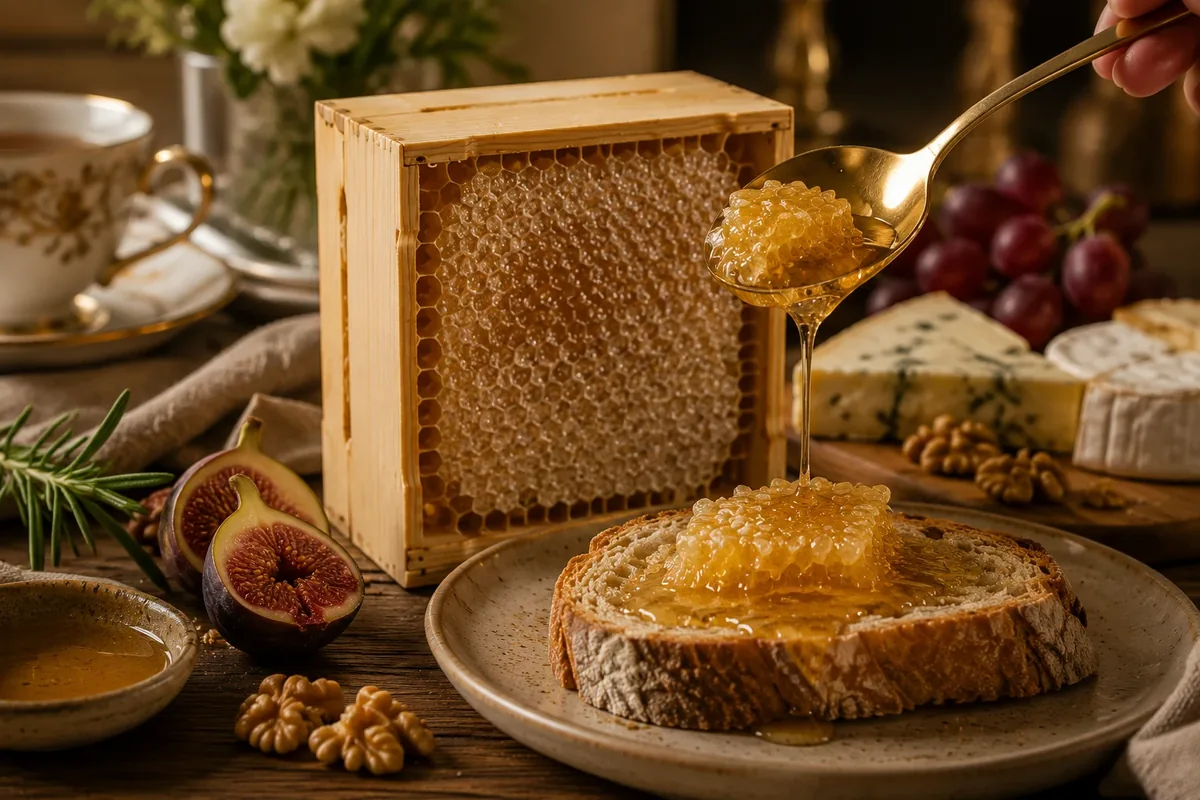 Comb honey spooned from a wooden section onto warm artisan sourdough