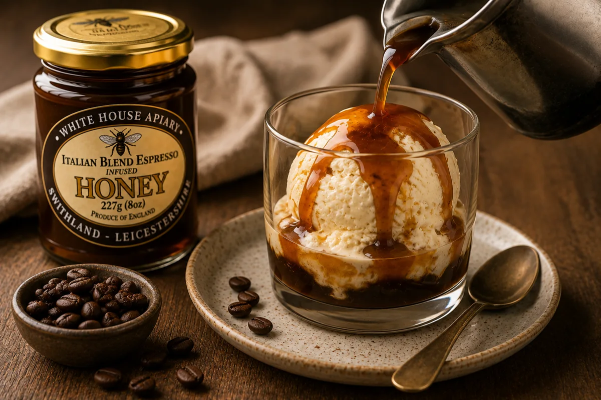 Vanilla ice cream with espresso and Italian Blend Espresso infused honey