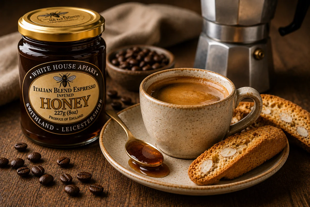 Espresso, biscotti and Italian Blend Espresso infused honey