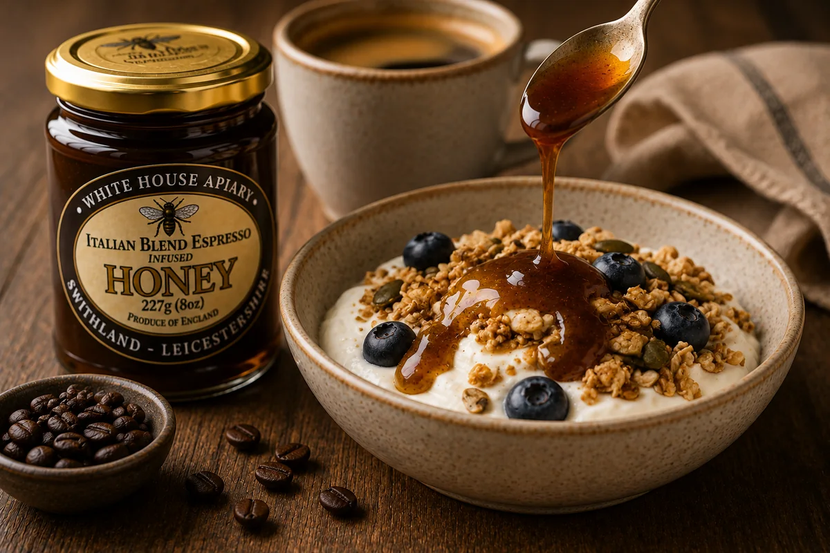 Greek yoghurt and granola drizzled with Italian Blend Espresso infused honey