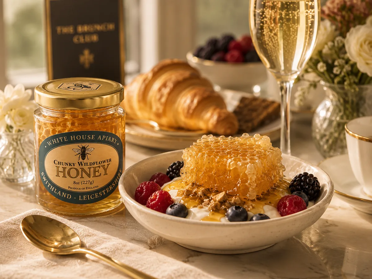Premium Chunky Honey served with yoghurt, fruit and pastries