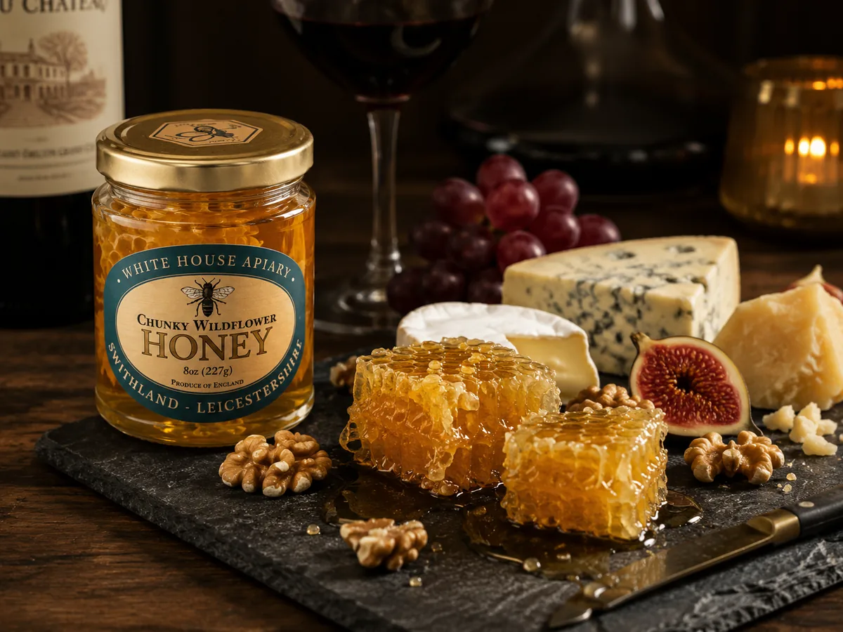 Premium Chunky Honey served with fine cheeses, figs and walnuts