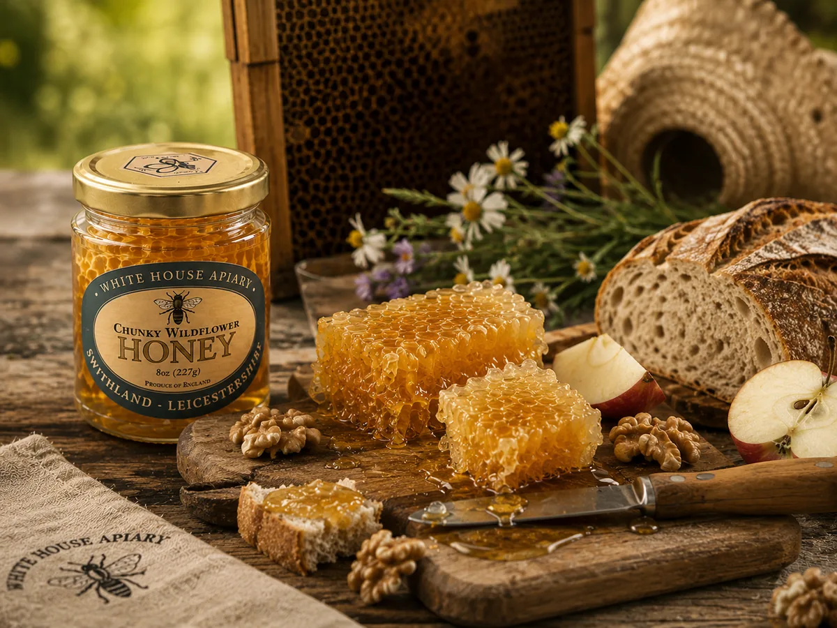 Premium Chunky Honey with artisan bread, apple and walnuts