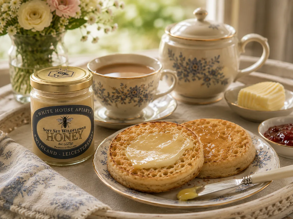 Soft Set Wildflower Honey served on toasted crumpets