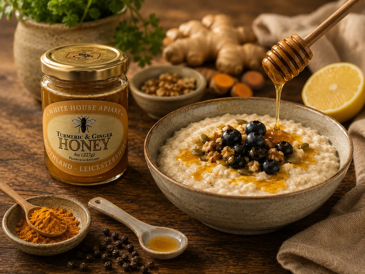 Turmeric and Ginger Honey drizzled over porridge with blueberries and nuts