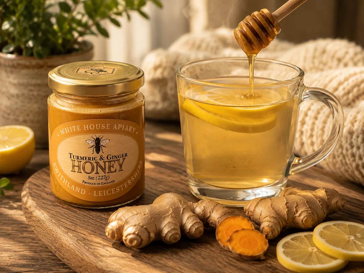 Turmeric and Ginger Honey stirred into a warm lemon drink