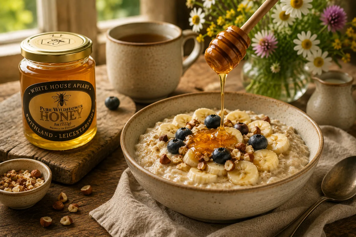 Pure Wildflower Honey over porridge with banana, blueberries and nuts