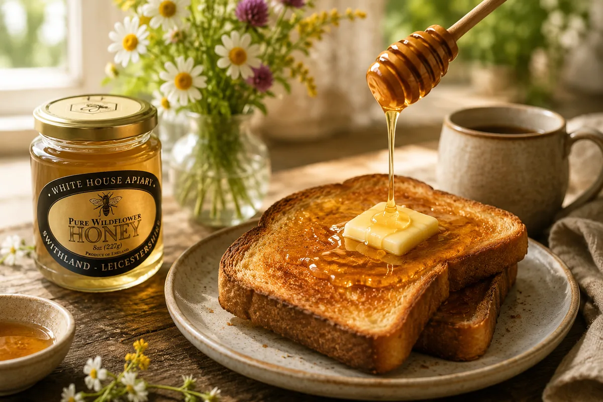 Pure Wildflower Honey drizzled over warm buttered toast
